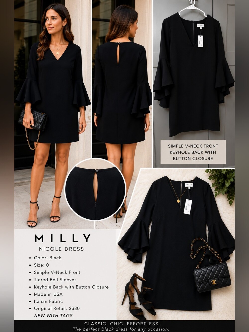 NWT MILLY Nicole Black Bell Sleeve Shift Dress Size 0 $380 Retail